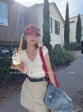 MADEIN OST-2026年早春棉麻竹节精致感V领短袖T恤针织背心91002