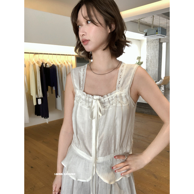 韩标蕾丝系带亚麻背心衬衫