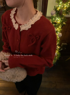 peanut花生家-韩系玫瑰之夜立体蝴蝶结拼花边保暖毛衣外套1280