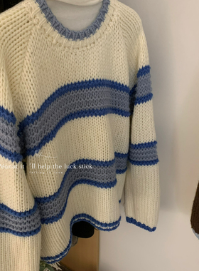 peanut韩国25秋冬自留颜色超美条纹撞色保暖粗针毛衣针织衫1155