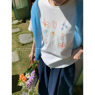 韩系花朵刺绣短袖T恤上衣女