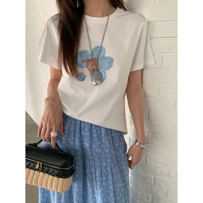清新花朵印花宽松百搭短袖T恤