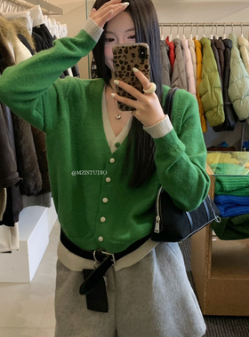 lirose韩系冬日撞色假两件v领纽扣松弛随性开衫针织开衫外套25188