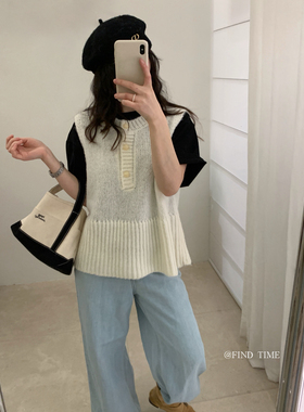 find Time-甜美娃娃裙摆圆领半纽扣针织马甲含11.7绵羊毛L61228