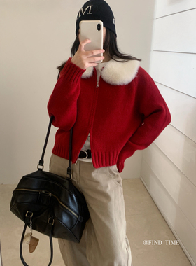 Find Time-韩系减龄毛毛领双拉链百搭针织开衫毛衣外套女L61273