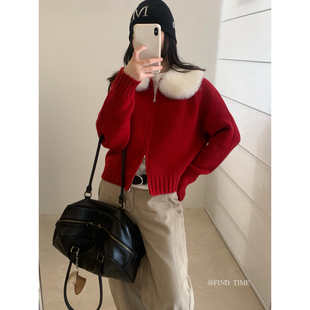 Find Time-韩系减龄毛毛领双拉链百搭针织开衫毛衣外套女L61273