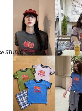 lirose春夏雨露棉炒色番茄T”韩国单～复古炒色休闲短袖T恤