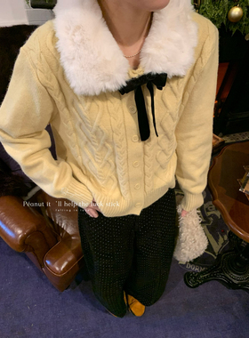 peanut花生家-韩系气质千金女主拼接毛领小香针织保暖毛衣1285