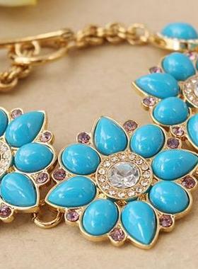 尾货清仓日常配饰首饰  蓝色树脂花朵手链 手环手饰女