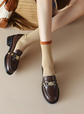 英伦风春季大牌新款大码女鞋40-42码圆头牛皮中跟大号单鞋乐福鞋