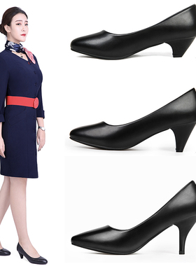 大码正装工作鞋女黑色舒适高跟鞋粗跟通勤空姐软底面试礼仪鞋女鞋