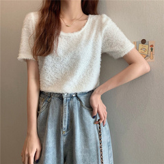 Real price ~ Plush Soft glutinous round neck short sleeve knitting solid color versatile top T-shirt for women