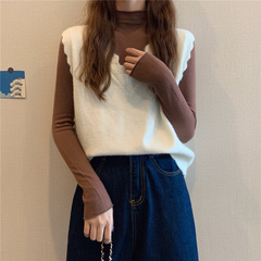 Real price Korean elastic medium neck long sleeve bottom shirt + V-neck versatile loose warm texture cashmere vest