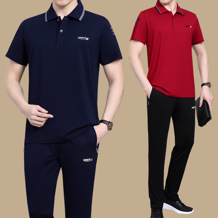 中年男士夏季短袖长裤运动套装中老年爸爸休闲宽松半袖跑步运动服