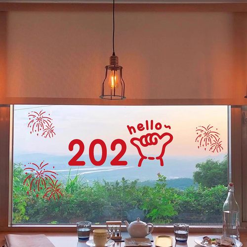 2026可爱手势新年烟花装饰贴纸 餐厅客厅玻璃门窗贴画节日布置