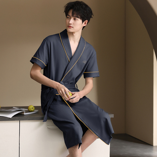 10A纯棉睡袍男款夏季2026新款加大版简约纯色可外穿男士浴袍