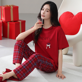 红色睡衣女款夏季纯棉套头短袖长裤2026新款本命年女士家居服
