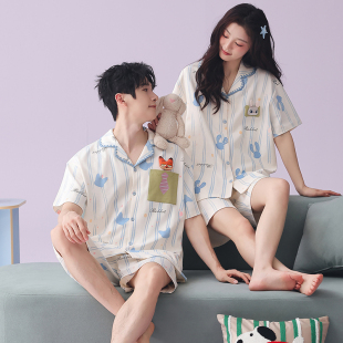 新款 开衫 卡通家居服男士 情侣睡衣女夏季 全棉套装 短裤 薄款 纯棉短袖