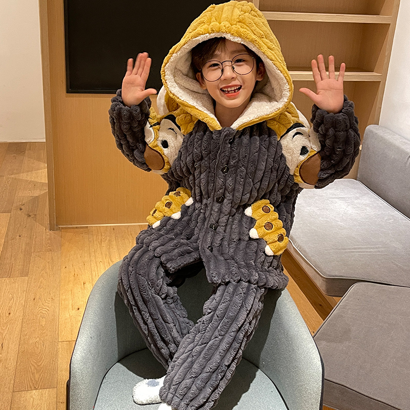 儿童睡衣男童冬加厚秋冬款2025新款三层夹棉冬季加绒男宝宝家居服