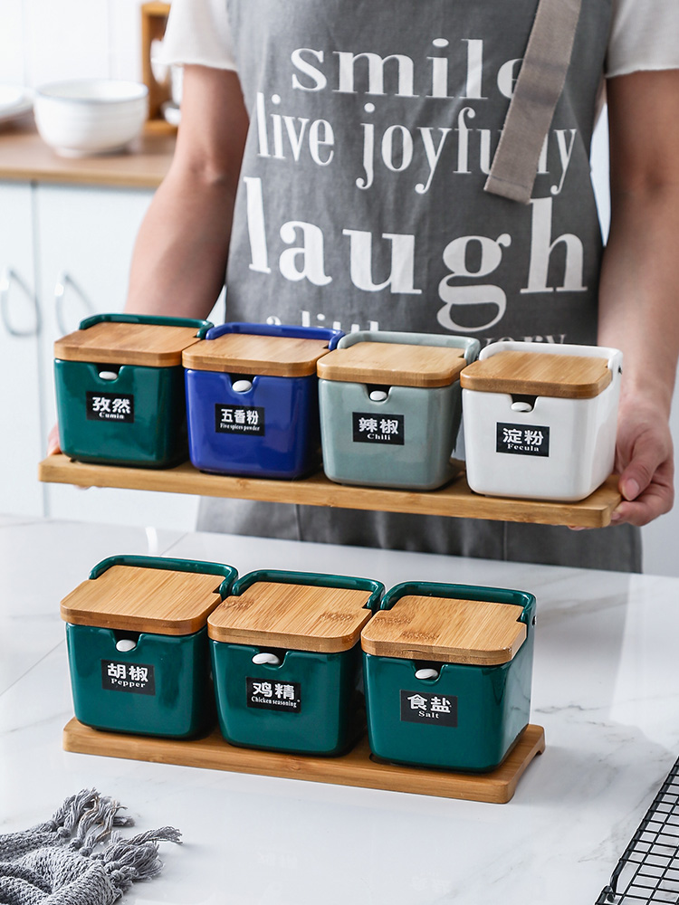 Kitchen European seasoning box Seasoning jar set Ceramic pepper salt Sugar monosodium glutamate jar Seasoning storage box Single