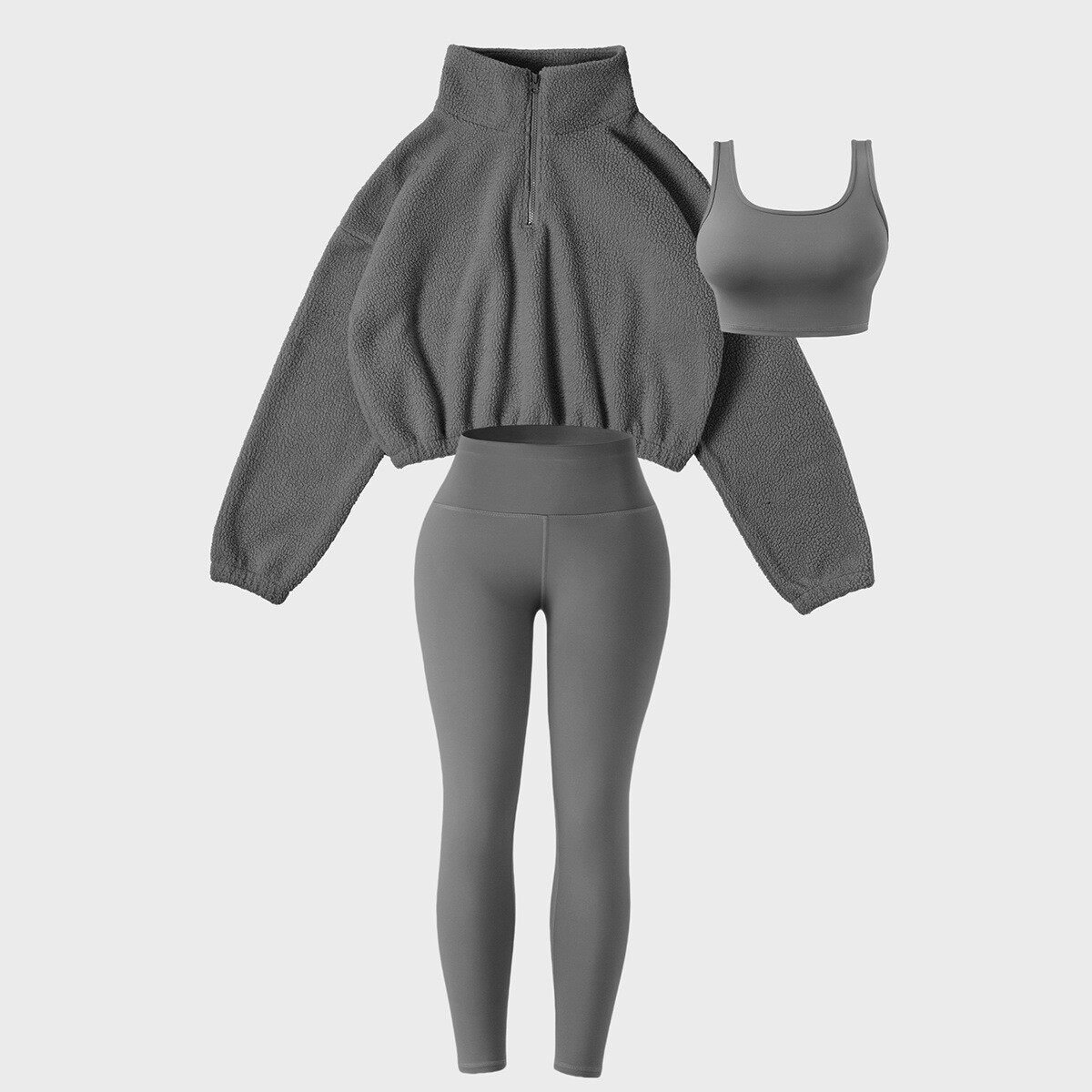 女款运动套装毛绒卫衣瑜伽服户外休闲运动三件套女士运动休闲