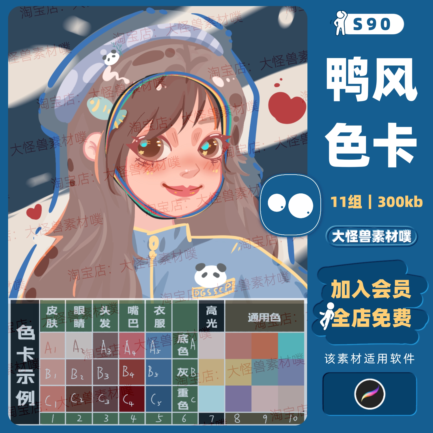 procreate鸭风色卡q版卡通头像提ye鸭鸭眼睛瞳孔头发衣服皮肤肤色