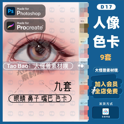 9套精简版人像procreate+ps皮肤鼻子嘴唇眼睛色卡肤色配色调色板