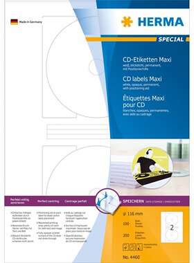 HERMA 4460 豪玛牌A4-100张不透底CD光碟不干胶标签纸直径116mm