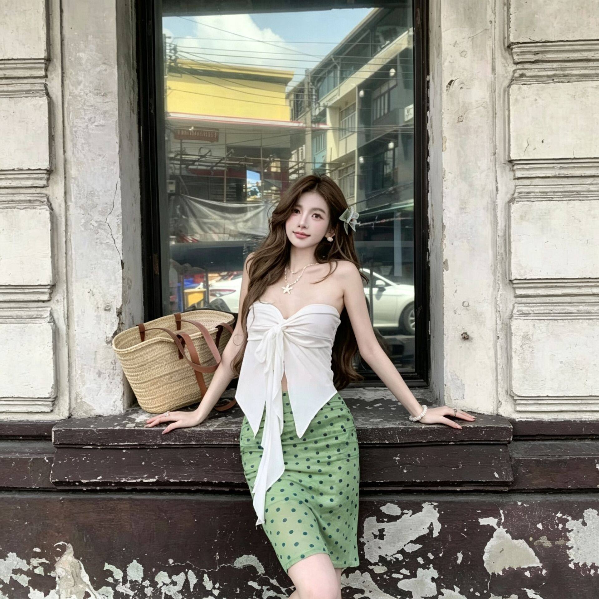 辣妹抹胸绑带分体泳衣女裙式波点半身裙两件套沙滩度假温泉游泳装