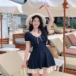 法式甜美连衣裙泳衣女蝴蝶结荷叶边胖mm显瘦遮肚大码温泉度假泳装