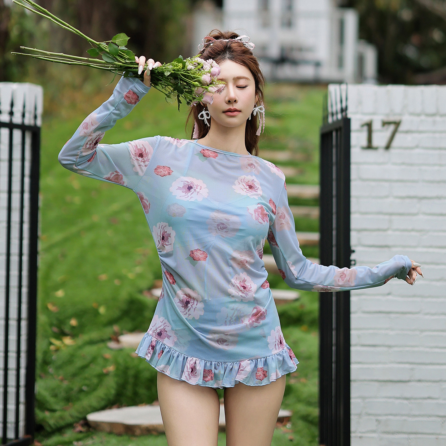 纯欲少女泳衣女分体三件套长袖罩衫显瘦遮肚子海边度假泡温泉泳装