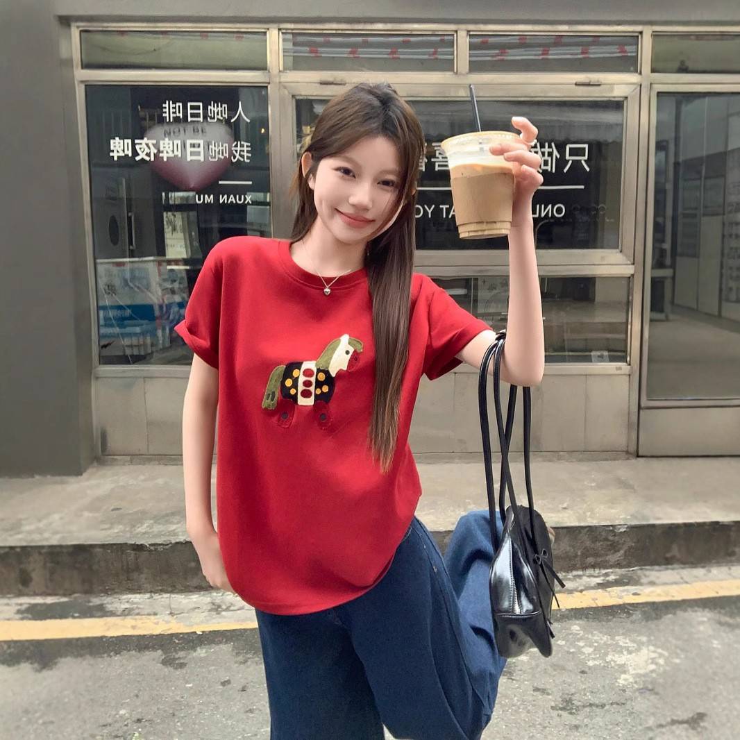 中款短袖t恤女2025夏季新款宽松减龄卡通毛巾绣百搭圆领半袖上衣