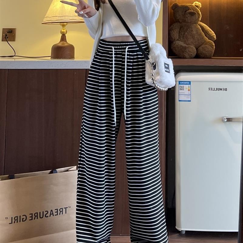 糯米裤慵懒风条纹休闲裤女春秋2025新款宽松阔腿裤拖地直筒长裤子