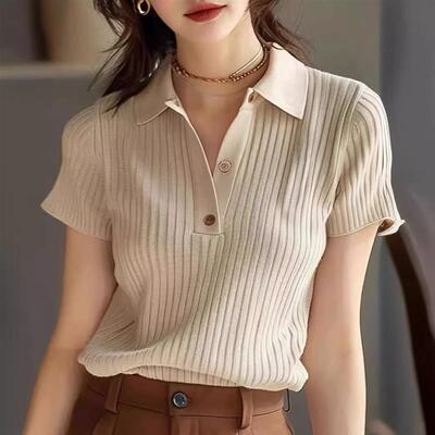 杏色针织短袖POLO衫女2025年新款超好看t恤正肩上衣