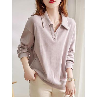 棉质翻领宽松长袖卫衣女2025新款春秋POLO领设计感小众欧洲站女装
