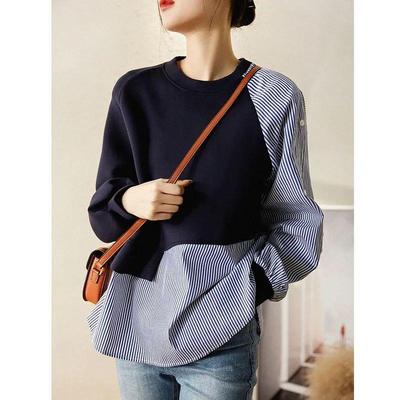 春秋条纹撞色不规则太空棉卫衣女春秋2025新款宽松圆领秋季上衣