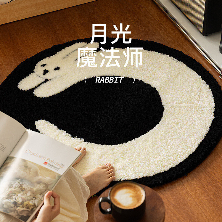 兔子圆形卡通植绒地毯簇绒玄关客厅少女衣帽间防滑吸水地毯床边毯