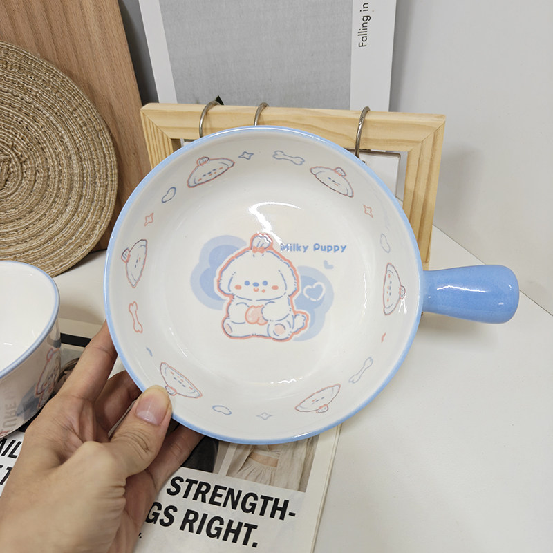 卡通萌小狗陶瓷泡面碗单人宿舍用手柄卡通图案家用宿舍碗盘可爱碗