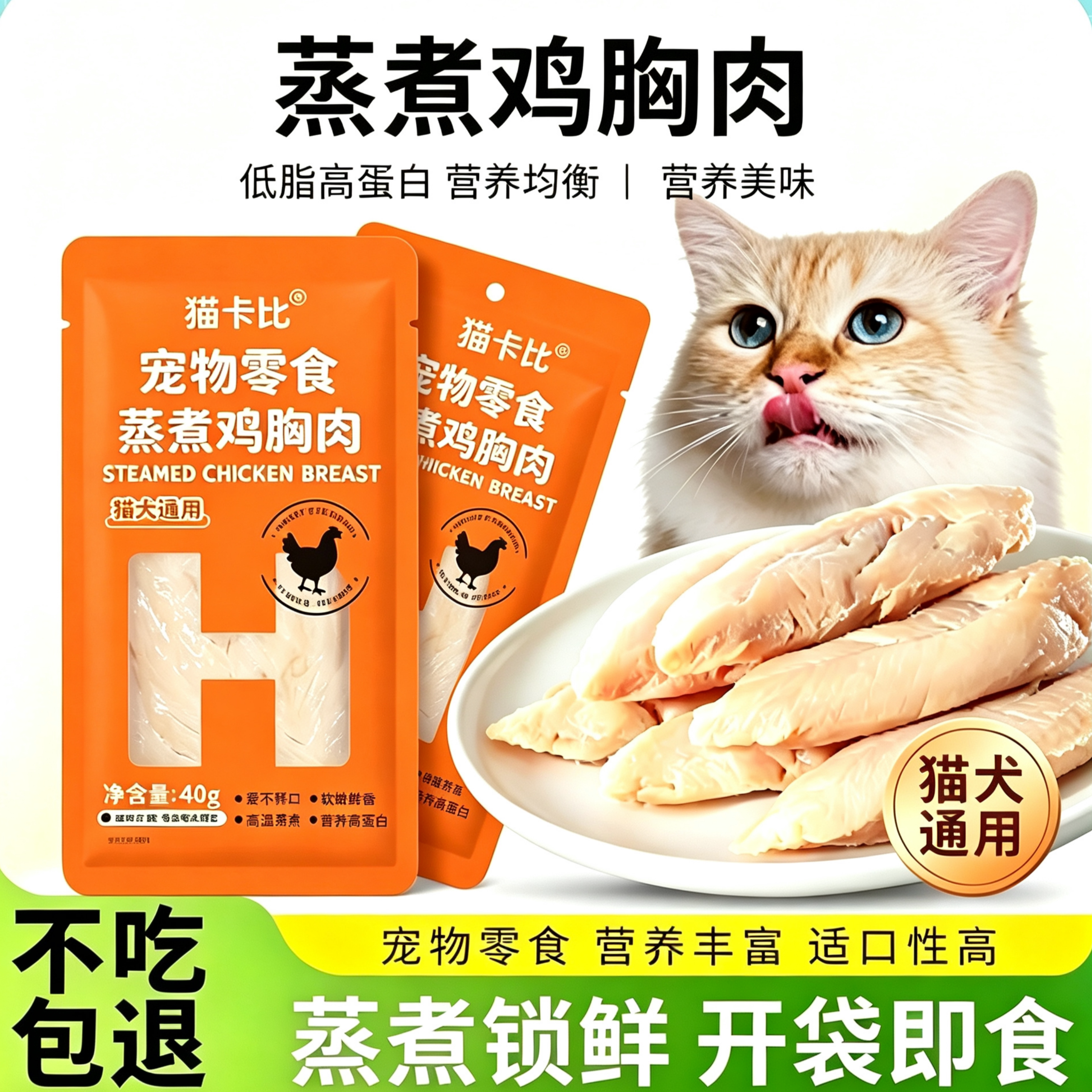 宠物蒸煮鸡胸肉猫咪鸡肉零食即食湿粮含鱼油营养补水狗狗专用拌饭