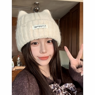 猫耳针织帽子秋冬气质保暖毛线帽护耳套头帽Y17 下单立减50