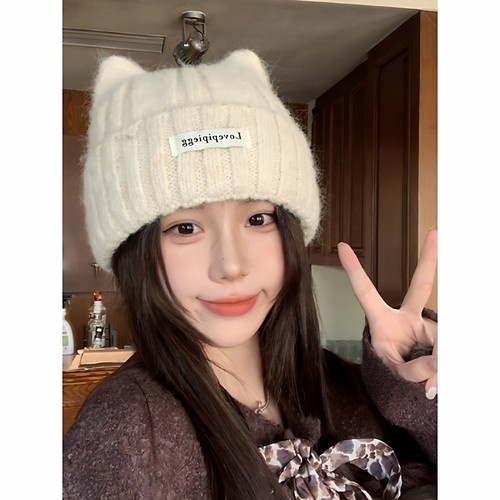 【下单立减50】猫耳针织帽子秋冬气质保暖毛线帽护耳套头帽Y17