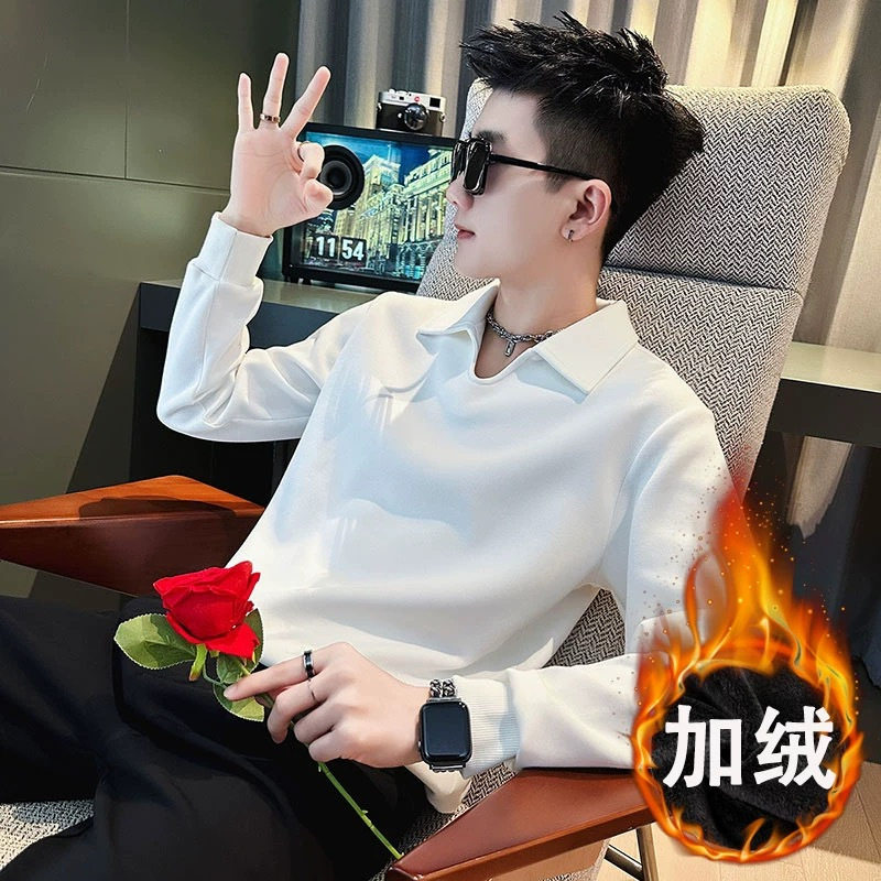 秋冬季加绒加厚卫衣男士潮流V领上衣2024新款高级感潮牌保暖上衣