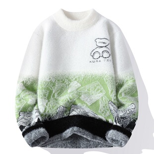 渐变水貂绒毛衣男士加厚保暖冬季半高领打底针织衫潮牌男生线衣服