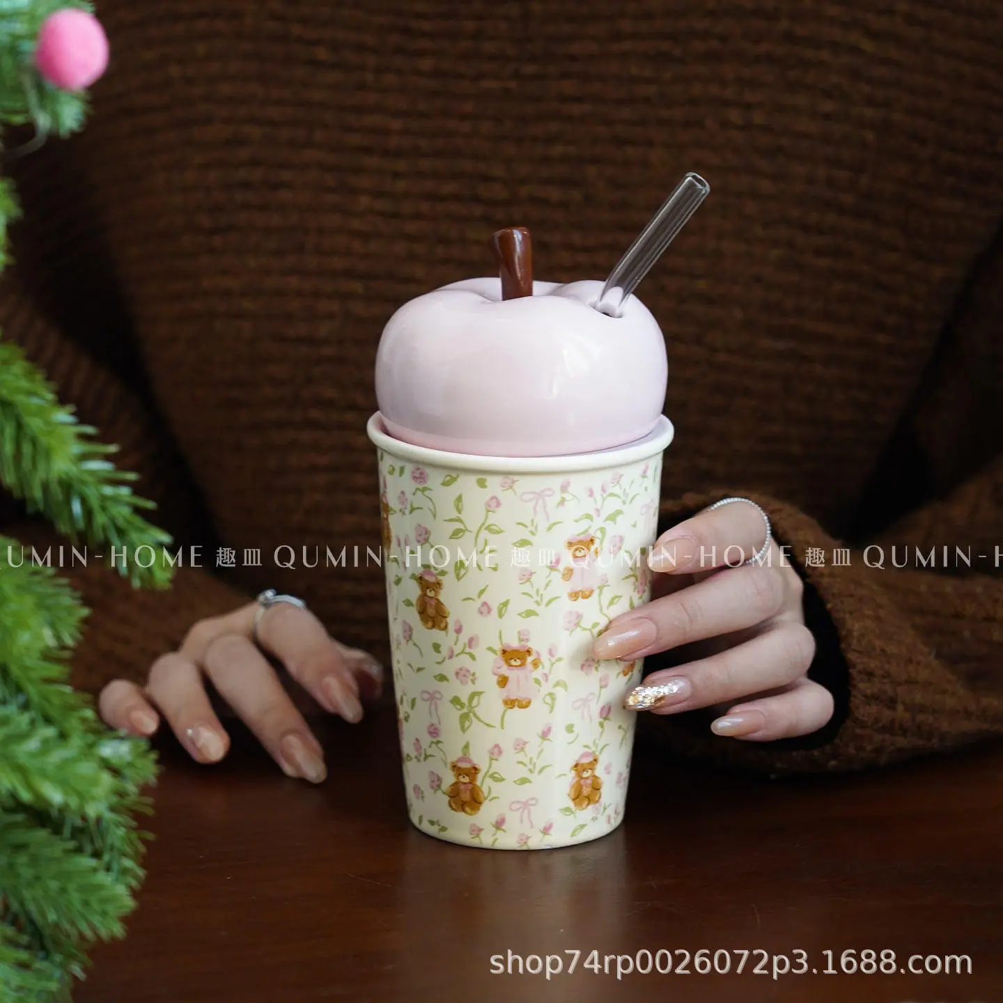 创意卡通小熊陶瓷手握杯直身杯带盖带吸管可爱马克杯情侣水杯