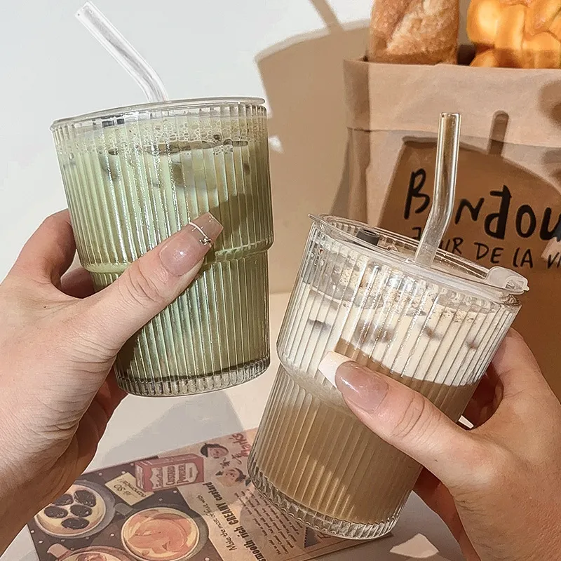 高颜值竖条纹玻璃杯咖啡杯冰美式家用带盖吸管水杯拿铁冷饮料杯子