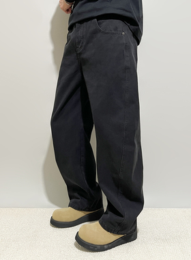 FPASCA新款黑色弯刀裤男潮流百搭复古休闲美式高街阔腿牛仔裤