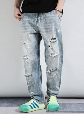 FPASCA高品质浅蓝色漆点破洞牛仔裤男宽松百搭痞帅美式小脚长裤春