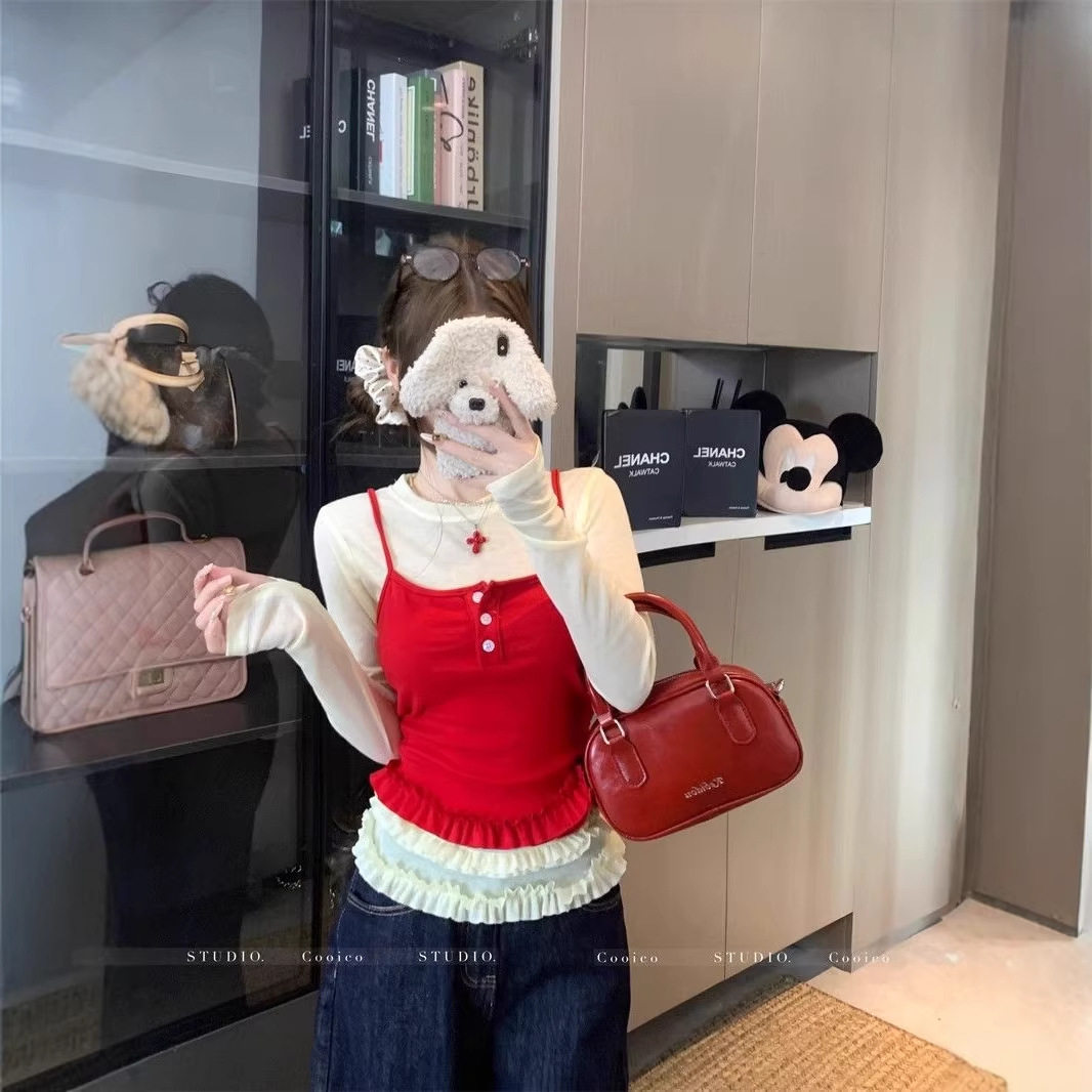 韩系温柔风木耳边拼接T恤女春装2026新款外搭叠穿吊带背心两件套