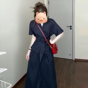 巨好看套装 2025新款 长裙 掐腰蓝色连衣裙子女夏季 今年流行法式