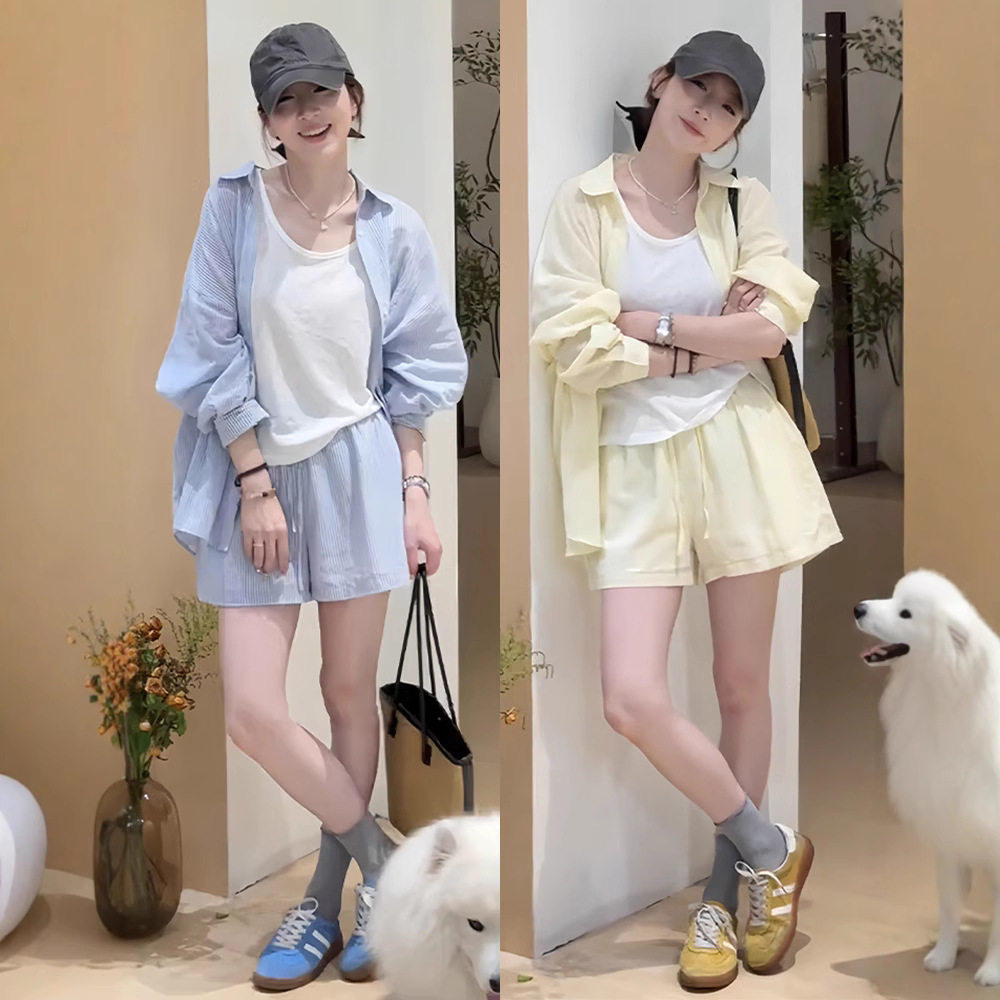 小个子穿搭夏装搭配一整套休闲时尚防晒衬衫短裤三件套装夏季女装